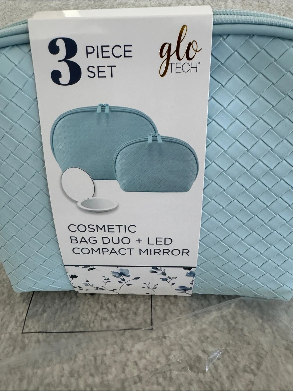Glo Tech 3-Piece Cosmetic Bag Duo + LED Compact Mirror, Light Blue - NWT
